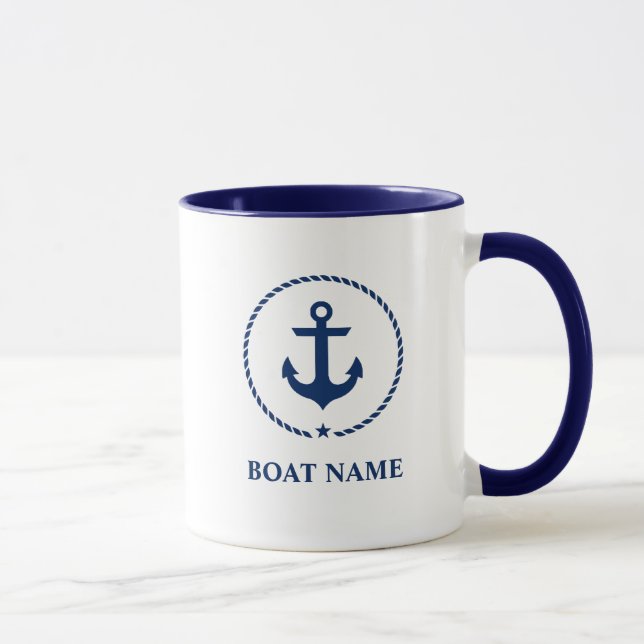 Mug Nom du bateau nautique Ancre corde Bleu (Droite)