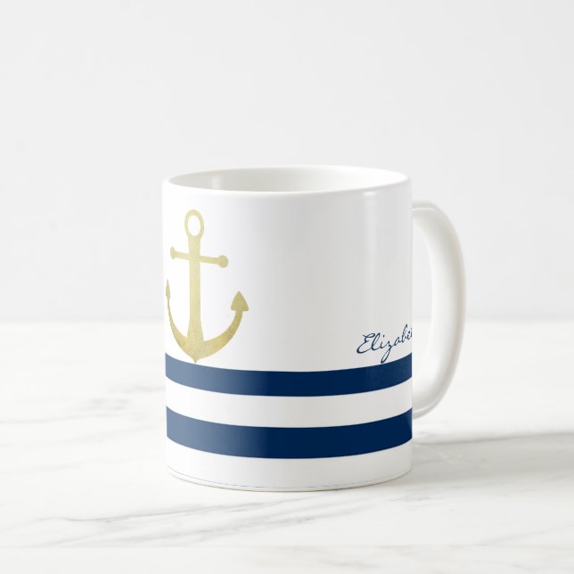 Mug Nom du bateau nautique, Ancre d'or Bleu de la Mari (Devant droit)