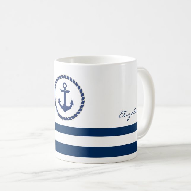 Mug Nom du bateau nautique, Ancre Marine Bleu rayé (Devant droit)