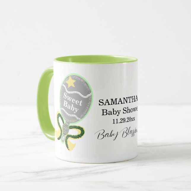 Mug Nom du bétail jaune baby shower vert (Devant gauche)