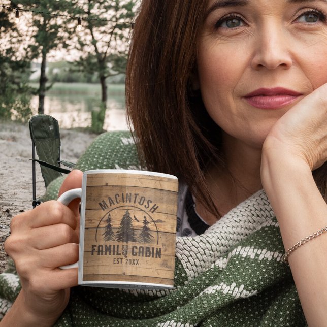 Mug Nom du Cabine de famille Rustic Wood Personnalisé (Créateur téléchargé)