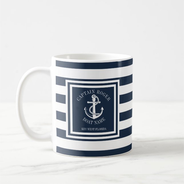 Mug Nom Du Capitaine Et Du Bateau Marine Ancre Bleue B (Gauche)