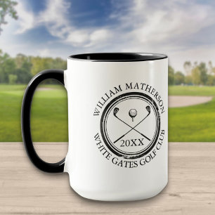 Mug Nom du golfeur et du club, date Golf noir et blanc