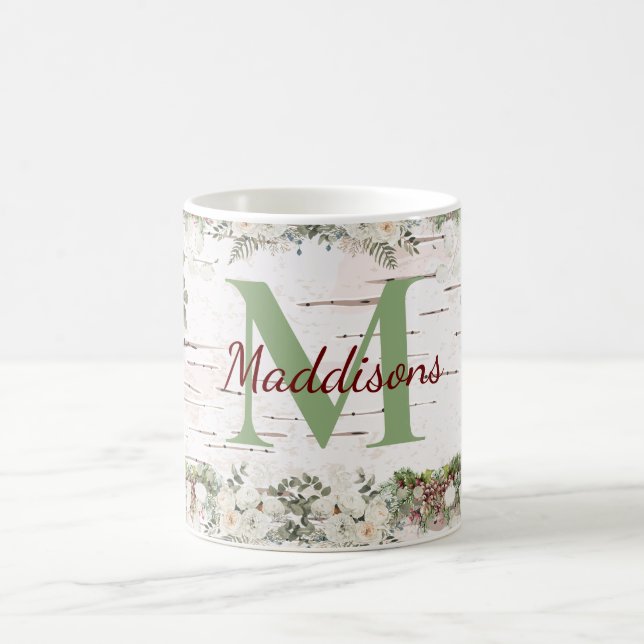 Mug Nom du monogramme Bois d'hiver Pinecone de rose bl (Centre)