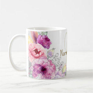 Mug Nom du monogramme Colorful rose floral argent élég