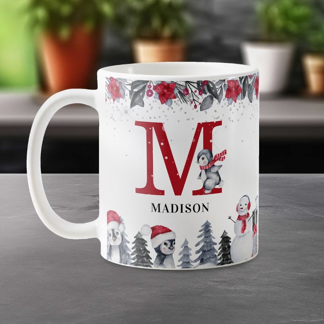 Mug Nom du monogramme de pingouin Noël (Créateur téléchargé)