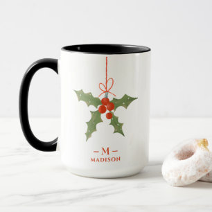 Mug Nom du monogramme Noël Holly Winter Floral