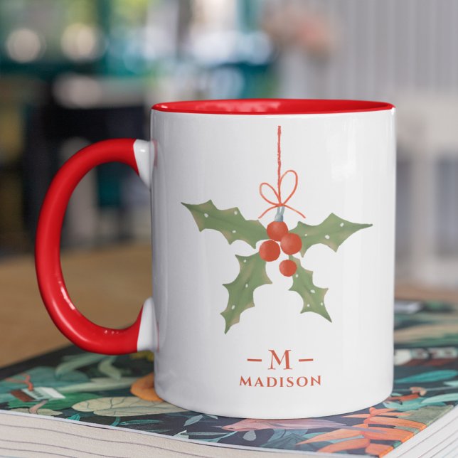 Mug Nom du monogramme Noël Holly Winter Floral (Créateur téléchargé)