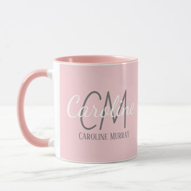 Mug Nom du monogramme personnalisé élégant rose blanc (Gauche)