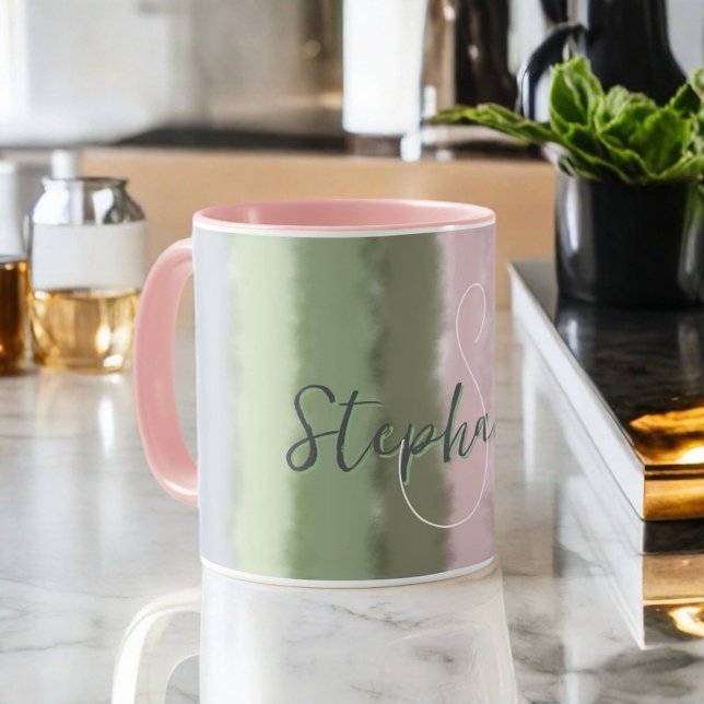 Mug Nom du monogramme script ombre vert poudre pourpre (Créateur téléchargé)