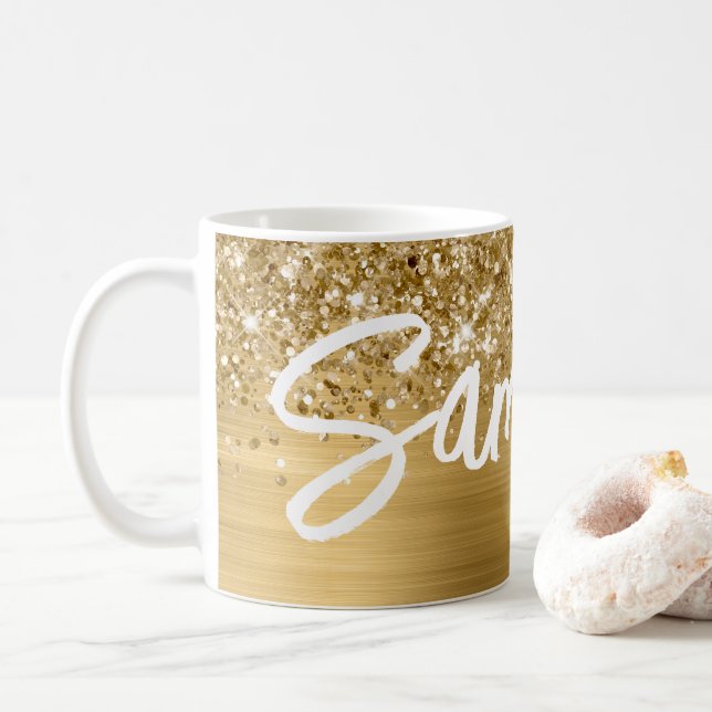 Mug Nom du script de pinceau Glittery Gold Glam (Avec donut)