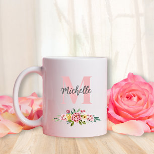 Mug Nom du script du monogramme initial Aquarelle Fleu