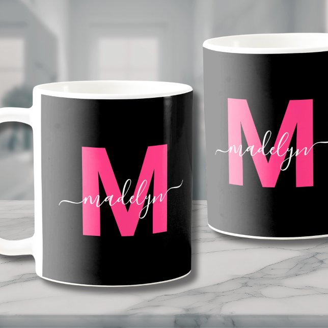 Mug Nom du script rose élégant Monogramme initial (Elegant Pink Script Name Initial Monogram Coffee Mug)