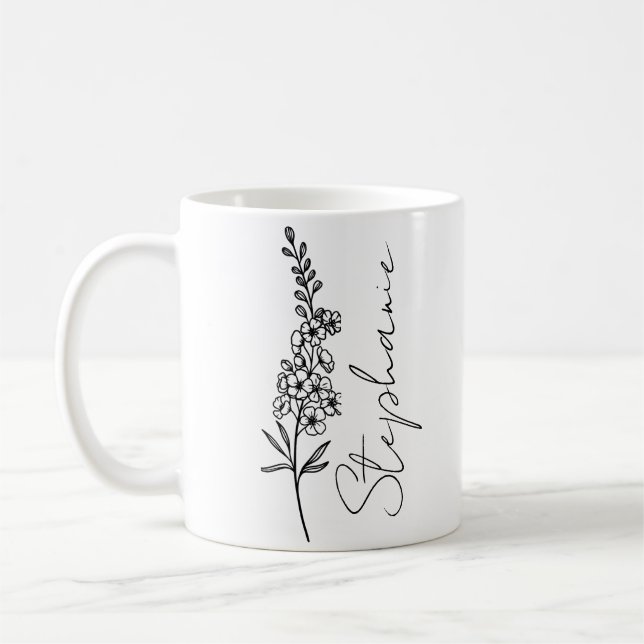 Mug Nom élégant de script Delphinium Fleur de naissanc (Gauche)