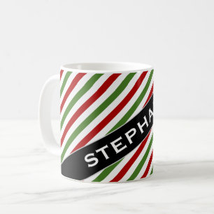 Mug Nom fait sur commande + Motif rayé rouge, blanc et