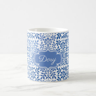 Mug Nom floral vintage bleu et blanc