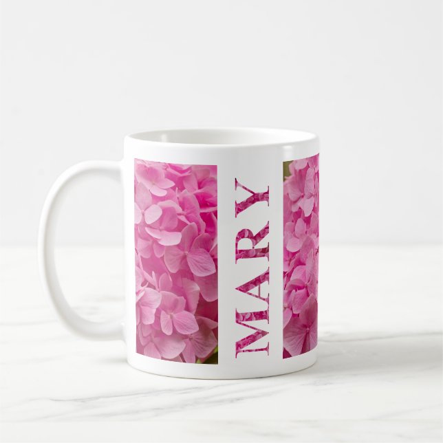 Mug Nom "Marie", Jolie Hydrangée rose florale (Gauche)
