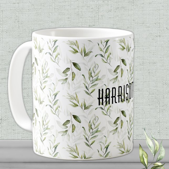 Mug Nom, Masculine Aquarelle Vert 11 oz. Classique (Créateur téléchargé)
