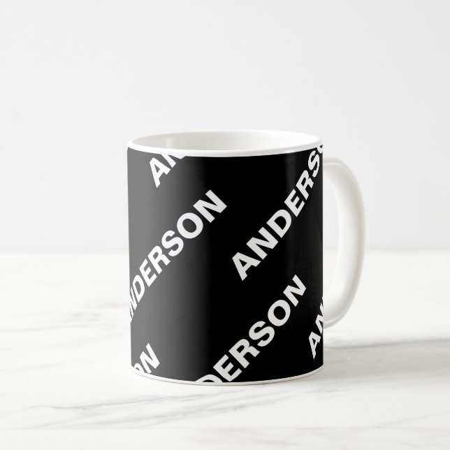Mug Nom modifiable répété en gras | Blanc noir simple (Devant droit)