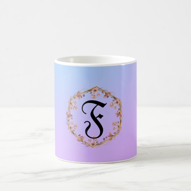 Mug Nom monogramme de dégradé floral turquoise de luxe (Centre)
