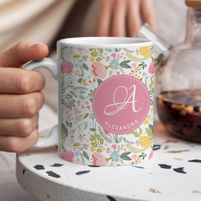 Mug Nom monogramme élégant girly mignon motif rose (Créateur téléchargé)
