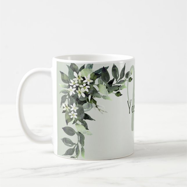 Mug Nom Monogramme Floral Feuillage Feuilles d'Eucalyp (Gauche)