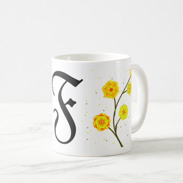 Mug Nom monogramme floral jaune d'aquarelle moderne (Devant droit)