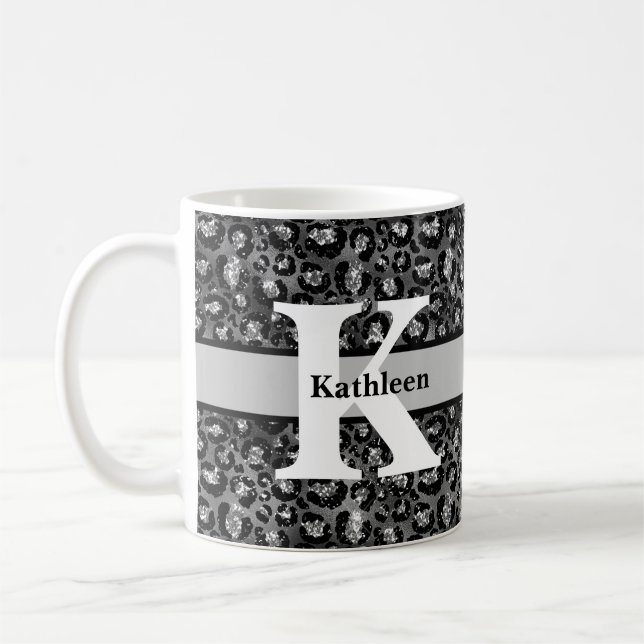 Mug Nom Monogramme Imprimé Léopard Noir Gris Argenté  (Gauche)