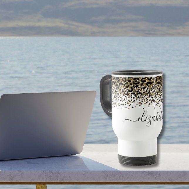 Mug Nom Monogramme Imprimé Léopard Noir Or Chic Tendan (Monogrammed Black Gold Leopard Print Animal Print Travel Coffee Mug)