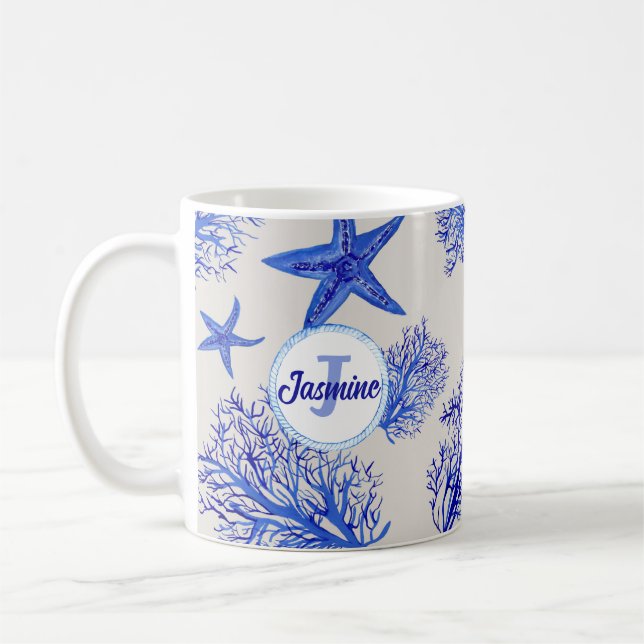Mug Nom monogramme personnalisé de l'étoile de mer-cor (Gauche)