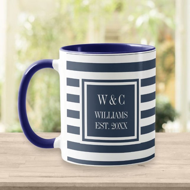 Mug Nom Monogramme Rayure Blanche Bleu Marine Élégant (Créateur téléchargé)