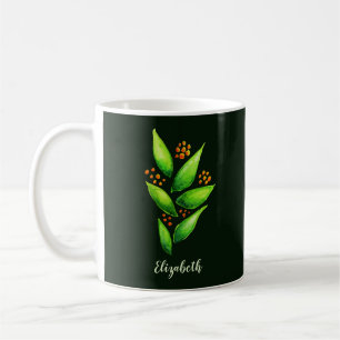 Mug Nom orange de baies de plante verte d'aquarelle