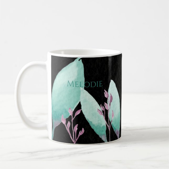 Mug Nom personnalisé Aquarelle Botanique Turquoise Bib (Gauche)