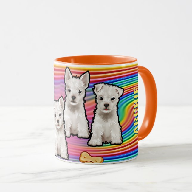 Mug Nom personnalisé arc-en-ciel et chiots Mug. Café M (Devant droit)