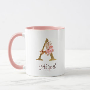 Mug Nom personnalisé Blush Rose Fleur Lettre A en feui