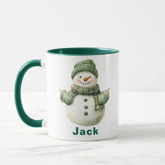 Mug Nom personnalisé Christmas Snowman Green Casquette (Gauche)
