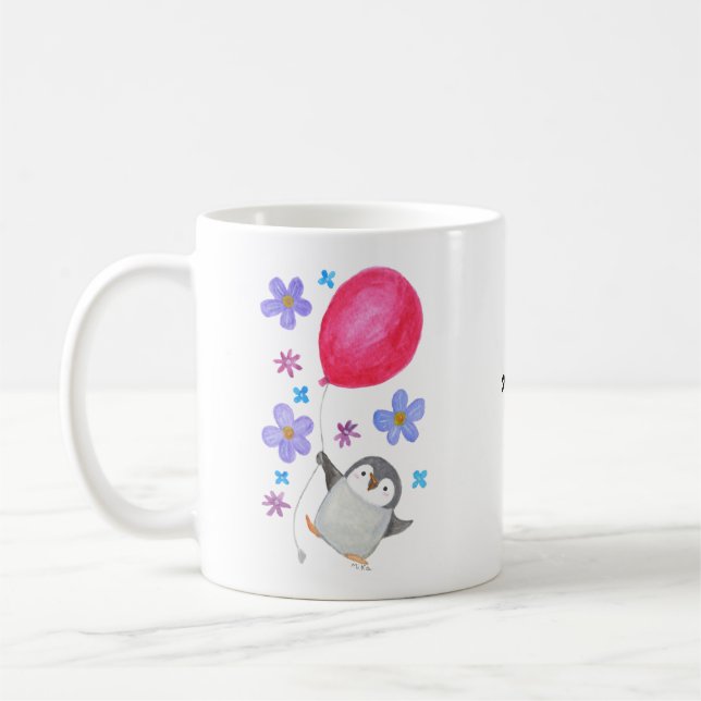 Mug Nom personnalisé Cute Baby Penguin Holding Balloon (Gauche)