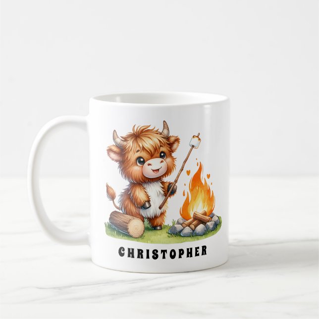 Mug Nom personnalisé Cute Highland Cow Roasting Marshm (Gauche)