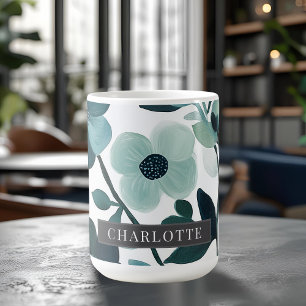Mug Nom personnalisé Élégant Bleu Aqua Vignes Florales