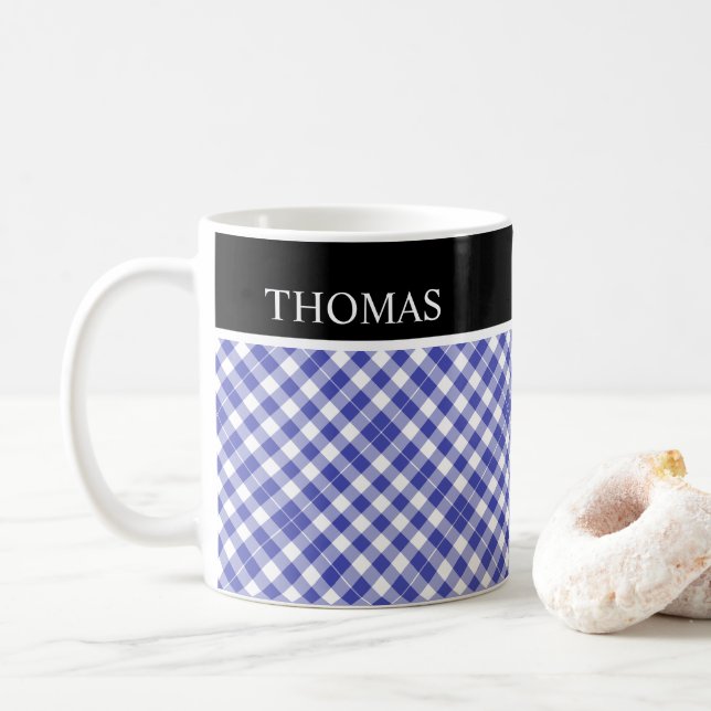 Mug Nom personnalisé En vichy blanc bleu personnalisé (Avec donut)