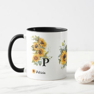 Mug Nom personnalisé et fleurs initiales de tournesol 