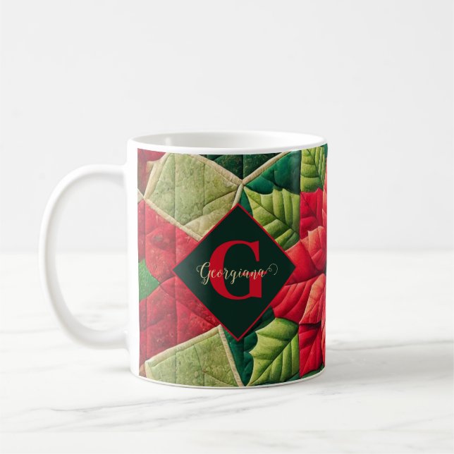 Mug Nom personnalisé Festif Floral Patchwork Poinsetti (Gauche)