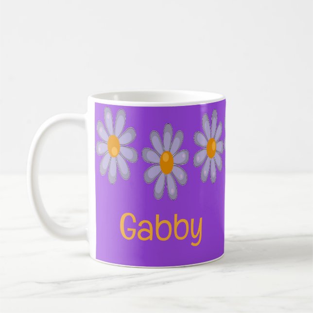 Mug Nom personnalisé fleurs bleues sur violet (Gauche)