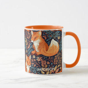 Mug Nom personnalisé Foxes et Motif de feuilles