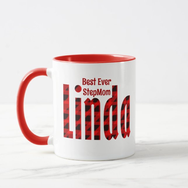 Mug Nom personnalisé "Linda" Art plaid rouge et noir (Gauche)