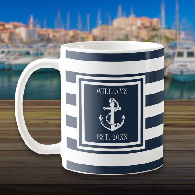 Mug Nom personnalisé Marine Bleu Bande Ancre nautique (Personalized Name Navy Blue Stripe Nautical Anchor Coffee Mug)