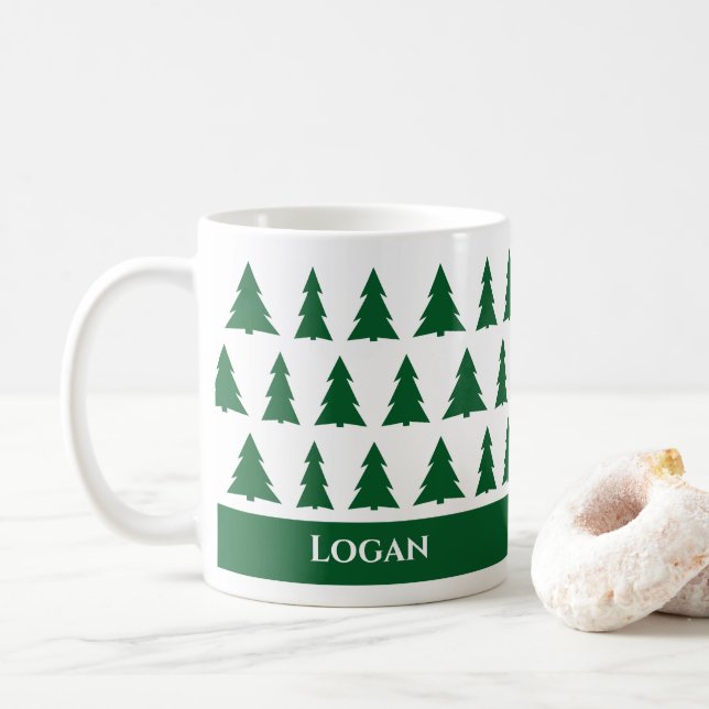 Mug Nom personnalisé Modern Green Tree Motif (Avec donut)