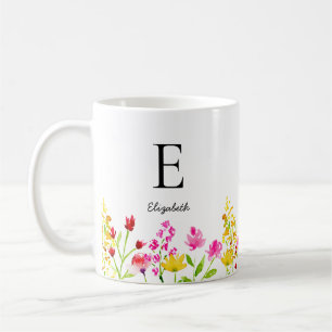 Mug Nom personnalisé Monogramme Fleur sauvage Aquarell