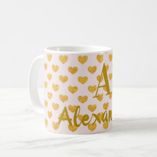 Mug Nom personnalisé Monogramme Gold Hearts rose