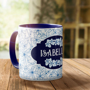 Mug Nom personnalisé Motif floral bleu féminin